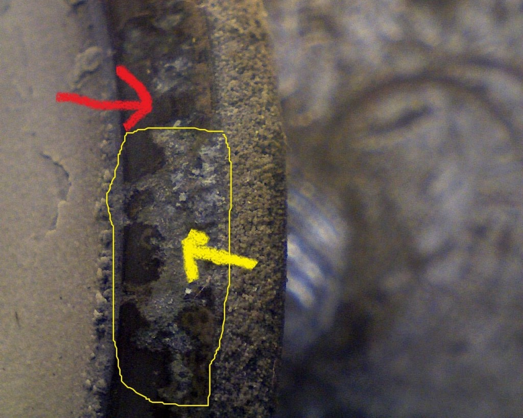 close up of deposits and damage to the valve face seat sealing area